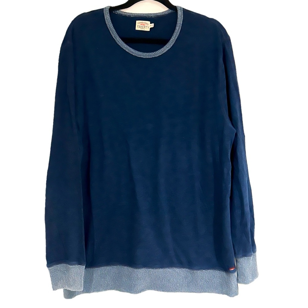 Faherty Crewneck Sweater XXL Blue Lightweight Contrast Rib Hem Cuffs Neck